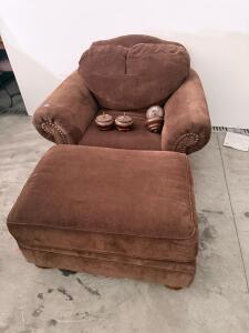 Brown Plush Microfiber Armchair with Ottoman, Rolled Arms & Nailhead Trim, Removable Wooden Feet