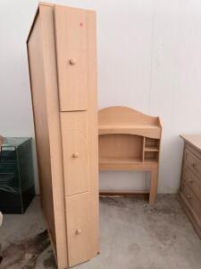 Light Maple Twin Bedroom Set with Storage Headboard & 3-Door Wardrobe Cabinet, Engineered Wood