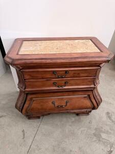 Traditional Wooden Nightstand with Stone Inlay Top, 3 Drawers, Ornate Metal Pulls