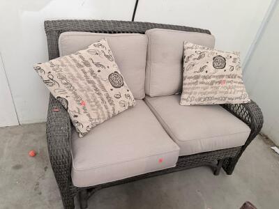 Wicker Outdoor Loveseat &ndash; Gray Resin Frame, Beige Cushions, 2 Accent Pillows, Seats 2