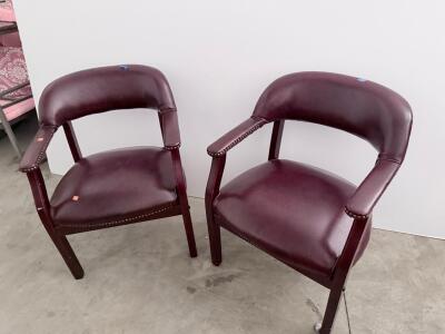 Traditional Burgundy Vinyl Office Guest Arm Chairs with Wood Frame and Nailhead Trim, Set of 2