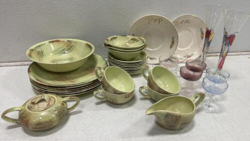 Mid-Century Vernonware Raffia 29Pc Dinnerware Set With Handpainted Glass Coupes & Flutes