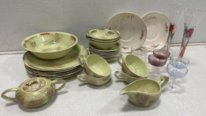 Mid-Century Vernonware Raffia 29Pc Dinnerware Set With Handpainted Glass Coupes & Flutes