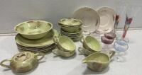 Mid-Century Vernonware Raffia 29Pc Dinnerware Set With Handpainted Glass Coupes & Flutes - 3