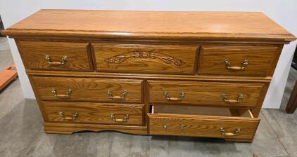 Traditional Oak 7-Drawer Dresser With Brass Handles And Floral Carving, Approx. 65"x17.5"x35