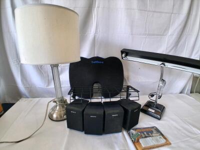 Mixed Lot: TushGuard Seat Cushion, Sony Speakers, Lamps, Cord Holders, Wire Basket