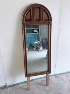 Arched Full-Length Wood Dresser Mirror, Paneled Top, 66"x24", Freestanding, Vintage Brown Frame