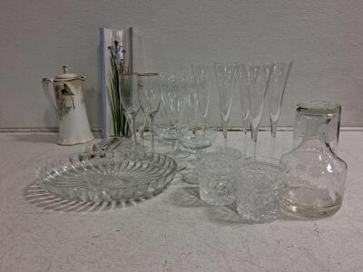 Vintage & Modern Mixed Glassware & Ceramic &ndash; Gibson Champagne Flutes, Decanter, Plate, Pitcher