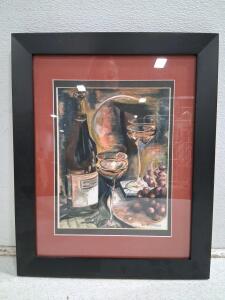 Linda D'Orazio 2005 Framed Original Watercolor, Still Life Wine & Grapes, Signed, 18x14In