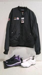 Adidas Adipure SP Golf Shoes Men&rsquo;s US 9 | Black/Purple Women&rsquo;s AIR Runners US 7.5-8 | Members Only Bomber Jacket