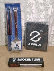 (1) 2-Piece Angeles Dodgers Stadium X Farmer John Limited Edition BBQ Barbeque Set, (1) Z-Grills 48" x 36" Heat Resistant Protective Deck & Patio Carpet & (1) Z-Grills 12" Stainless Steel Smoker Tube