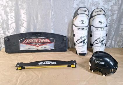 (1) Extreme Passer Hockey Puck Rebounder Trainer Pass Aid / Practice Board, (1) Kasifei Professional Hockey Training Passer, Heavy Duty Steel Puck Rebounder, (1) Pair Of Vintage CCM Tacks Ice Hockey Shin Guards & (1) CCM Helmet