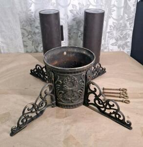(1) Vintage Traditions Cast Iron Ornate Christmas Tree Stand & (2) Outdoor Wall Lanterns