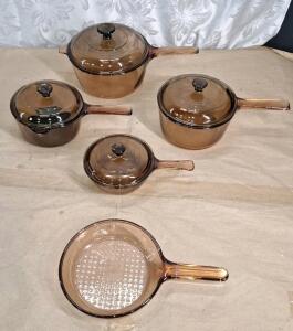 Vintage (9) Piece Set Of Vision Ware Corning Pyrex Amber Glass Cookware Set