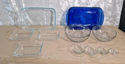 (1) Pyrex 9" x 13" Clear Glass Casserole Dish, (3) Pyrex 7" x 5" Clear Glass Baking Dishes, (1) Anchor Hocking 9" x 13" Blue Glass Casserole Dish, (2) Anchor Hocking Round Clear Glass Baking Bowls & (4) Small Anchor Hocking Clear Glass Prep Bowls