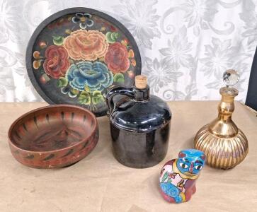 (1) 8" Vintage Brown Stoneware Jug, (2) Decorative Wood Bowls (1) 8" Vintage Gold Colored Round Glass Carafe W/ Stopper & (1) Mexican Folk Art Cat Figurine