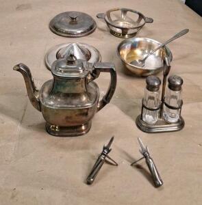 (1) Vintage Silver Plated Teapot, (1) Vintage Silver Plated Salt & Pepper Shaker Set, (1) Pair Of Vintage Silver Plated Corn Cob Holders & More