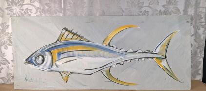 (1) Yellowfin Tuna Fish Folk Art Painting On A 48" x 20" Wooden Panel, Signed
