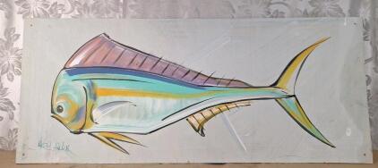 (1) Mahi-Mahi Fish Folk Art Painting On A 48" x 20" Wooden Panel, Signed