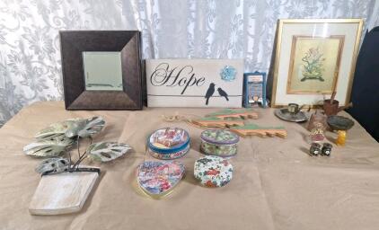 Lot Of Assorted Home Decor Including Small Framed Mirror, Decorative Metal Tins & More