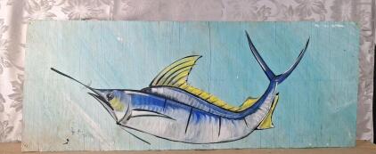 (1) Blue Marlin Fish Folk Art Painting On A 48" x 19" Wooden Panel, Signed