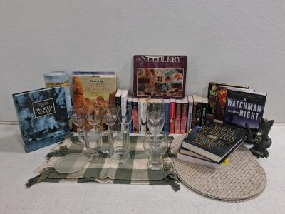 Assortment Of Books, Nora Roberts, World War II, Glassware Set, Puzzle, Home Decor