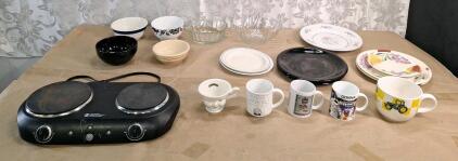 (1) GE 2-Burner Hot Plate & Assorted Coffee Mugs, Plates & Bowls