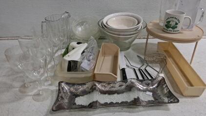 Assorted Kitchenware: Black & Decker Gizmo, Glassware, Bowls, Utensils, Mug, And More