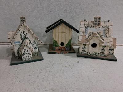 Set Of 3 Hand-Painted Wooden Birdhouses With Floral Designs And Hanging Hooks