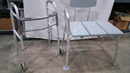 Transfer Bench With Backrest & 2-Wheel Folding Walker, Aluminum, 400 lb Capacity