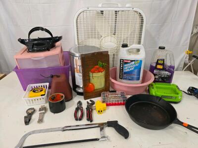 Assortment Of Household Items And Tools: Working Box Fan, Brabantia 1.32-Gallon Trash Can, Greenworks Charger