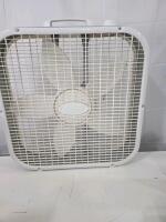 Assortment Of Household Items And Tools: Working Box Fan, Brabantia 1.32-Gallon Trash Can, Greenworks Charger - 11