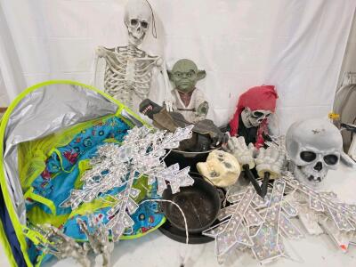 Halloween Skeletons, Pirate & Yoda Decorations, Lighted Snowflakes, Cast Iron Cauldrons