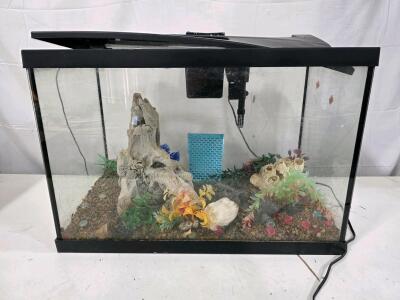 10 Gallon Glass Aquarium Kit With Hood (Non Working LED Light), Power Filter, And Decorations (Not Tested)