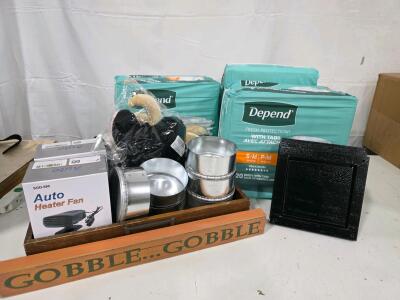 Depend S-M Briefs, Auto Heater Fans, Goat Ears Headband, Tray, Ducts, Vent, Sign