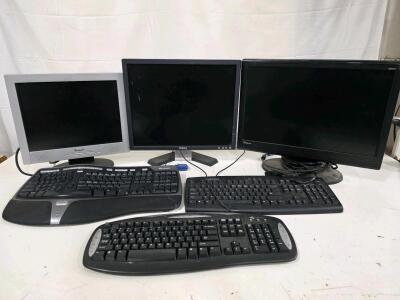 3 LCD Monitors (Untested Norcent 17", Working Dell 19", Working Optiquest 22") & 3 Wired Keyboards (Microsoft Ergonomic)