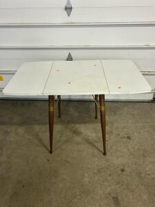 Mid-Century Drop-Leaf Dining Table, White Laminate Top, Brass Accents, 60"x36" Extended