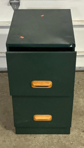 Green Metal 2-Drawer Filing Cabinet, Wood Accent Handles, Dented, Office Storage