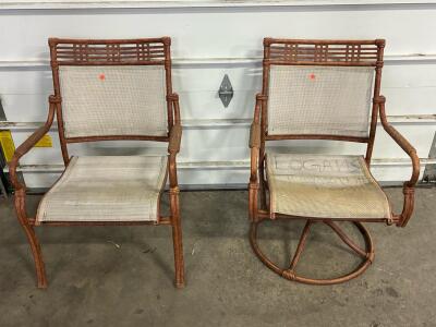Pair of Outdoor Rattan Style Patio Chairs &ndash; Mesh Sling Seats, Armrests, Swivel & Stationary