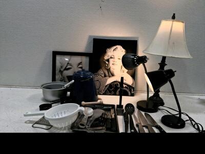 Marilyn Monroe, Mixed Kitchen Utensils, 2 Table Lamps, Enamel Teapot, ~20 Items (Turns On)