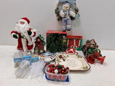 Assorted Christmas Decorations Santa Figurines Ornaments Plates Candles Wreath Centerpiece