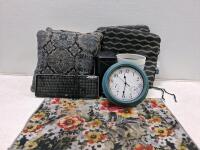HP Keyboard, 2 Pillows, Wall Clock, 2 Small Trashcans, 2 Seat Cushions, Floral Rug