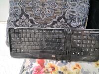 HP Keyboard, 2 Pillows, Wall Clock, 2 Small Trashcans, 2 Seat Cushions, Floral Rug - 4