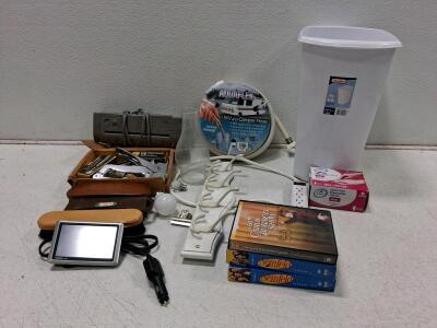 Garmin GPS, Sterilite 24" Trash Can, RV Hose, Tools, Power Strip, DVDs, Gloves