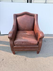 Traditional Leather Club Armchair With Nailhead Trim, Rolled Arms, And Wood Feet