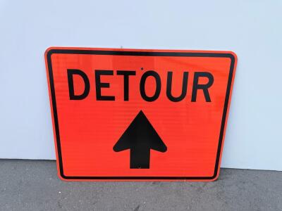 48"x48" Aluminum Detour Sign, Fluorescent Orange, High-Intensity Reflective Arrow, MUTCD Compliant