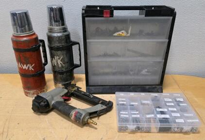 Industrial Pneumatic Nailer, 2 Insulated Bottles, Storage Organizers & Hardware Assortment Lot
