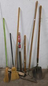 Assorted Tool Set: Brooms, Shovels, Rake, Push Broom, Under Door Seal