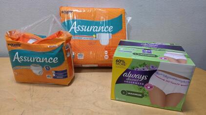 Equate Assurance S/M & Always Discreet L Adult Incontinence Underwear Lot: Tabs, Overnight, 86 Ct