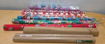 Assorted Christmas & Holiday Gift Wrapping Paper with Bows, Kraft & Cartoon Themes